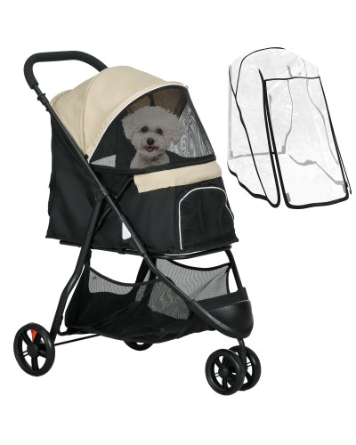 Small Dog Stroller 3 Wheel Foldable with Rain Cover and Basket, Khaki