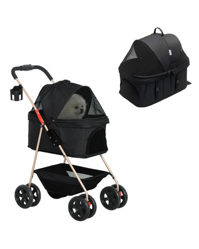 3-in-1 Foldable Dog Stroller with Carrier Bag and Bottom Basket, Black