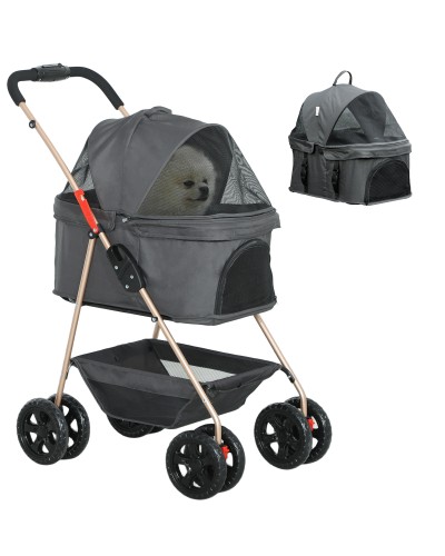  Passeggino per Cani 3 in 1 Pieghevole con Borsa Trasportino e Cestino Inferiore, Grigio