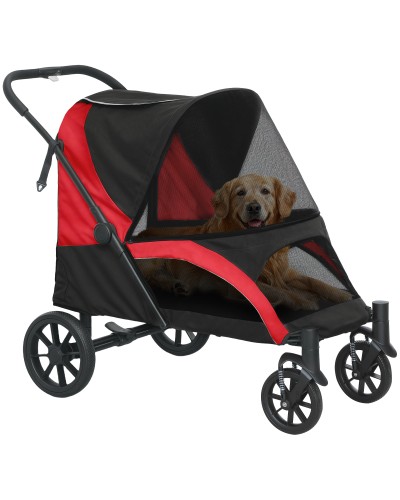  Passeggino per Cani Taglia Grande Pieghevole con Finestre a Rete, Cuscino e Guinzagli, 124x67x100 cm, Nero