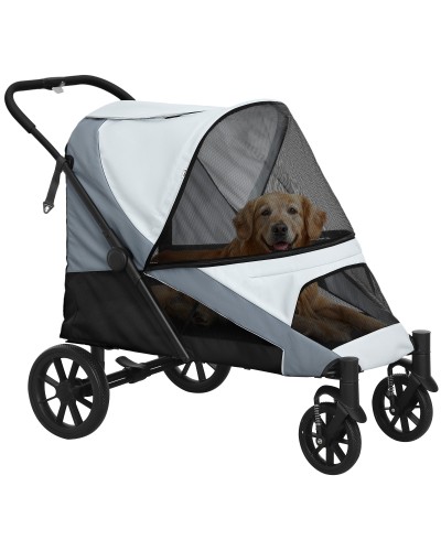  Passeggino per Cani Taglia Grande Pieghevole con Finestre a Rete, Cuscino e Guinzagli, 124x67x100 cm, Grigio