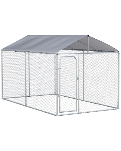 Galvanized Metal Dog Kennel with Oxford Fabric Roof and Locking Door, 400x230x232cm, Silver