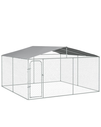 Metal Dog Kennel with Oxford Fabric Roof and Locking Gate, 4x4x2.3m