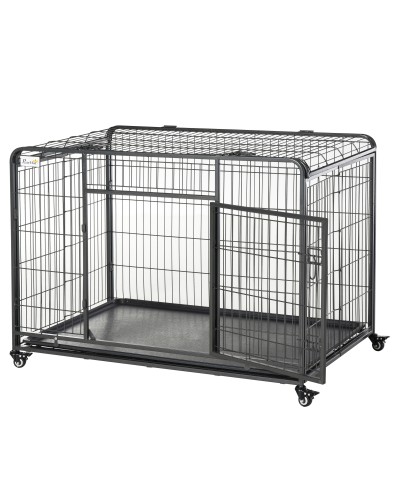 Foldable Double Door Dog Crate Kennel with Lockable Wheels and Removable Tray, 125x76x81cm