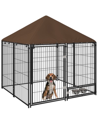  Recinto per Cani in Metallo e Tessuto Oxford con Porticina per Ciotole, 141x141x151 cm, Nero e Marrone