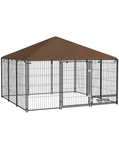  Recinto per Cani in Metallo e Tessuto Oxford con Porticina per Ciotole, 211x211x151 cm, Nero e Marrone