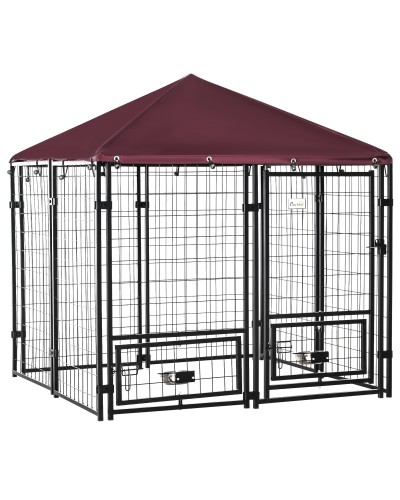  Recinto per Cani da Esterno con Serratura, 2 Ciotole Girevoli e Copertura Rimovibile, Nero e Rosso