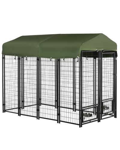  Kennel per Cani in Acciaio per Interni ed Esterni con Tettuccio in Tessuto Oxford e 2 Ciotole, 244x122x183 cm