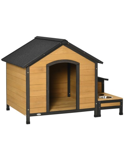  Cuccia per Cani Taglia Media con 2 Porta Ciotole, Box Esterno e Tetto in Bitume, 130x93x92cm