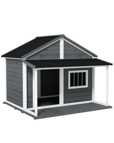 Outdoor Dog House with Terrace, Window, and Waterproof Roof, 124x112x105cm, Gray