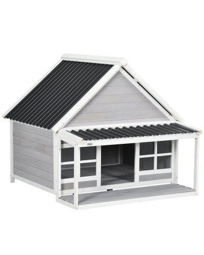 Wooden & PVC Outdoor Dog House with Porch & Windows, 126x118x105cm, Grey