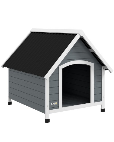  Cuccia per Cani in Legno da Esterno, Casetta per Cani Grandi con Pavimento Rimovibile, 84x99x87cm, Grigio