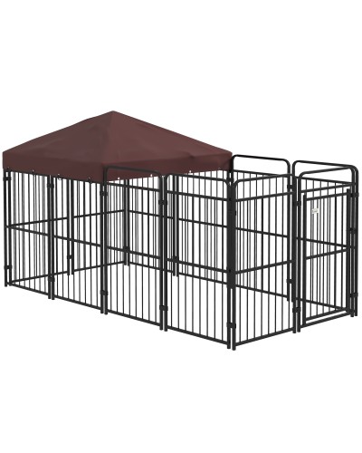 Outdoor Metal Dog Kennel with Roof, 282x141x159cm, Brown
