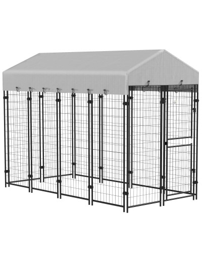 Outdoor Dog Kennel with Roof and 2-Section Metal Door, 239x121x183cm, Silver