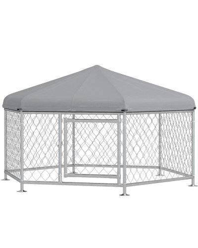 Medium Dog Playpen with UV Protection Oxford Fabric Roof, 2.1x1.85x1.2m, Silver and Grey