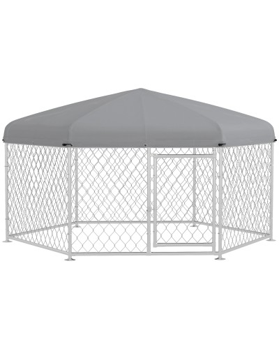  Recinto per Cani Taglia Grande con Tetto in Tessuto Oxford Anti UV, 2.1x1.85x1.5m, Argento e Grigio