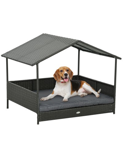 Elevated Dog House with Removable Cushion, PE Rattan and Steel, 117x85x89 cm, Grey and Brown