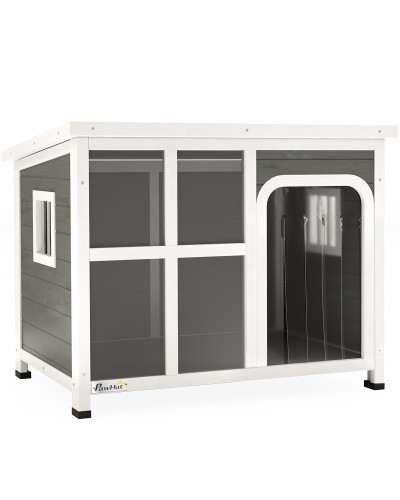 Dog House with Windows and Flap Door, Fir Wood, 90x62x71 cm, Light Grey