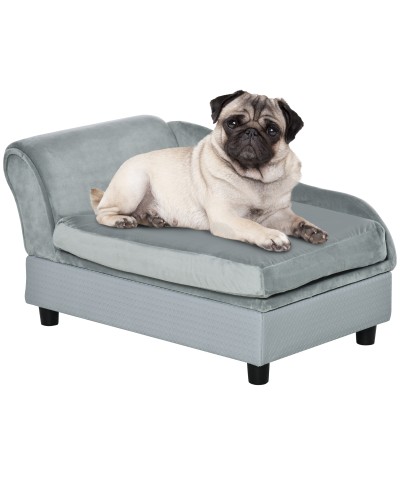  Divano per Cani con Spazio Portaoggetti e Cuscino, in Legno e Poliestere, 76x45x43 cm, Grigio Chiaro