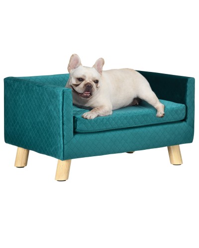 Scandinavian Style Dog and Cat Sofa Bed with Velvet Cushion and Wooden Legs, 64x45x36cm, Blue
