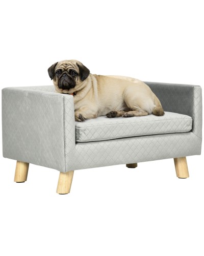  Divanetto per Cani e Gatti Stile Scandinavo con Cuscino Imbottito in Velluto e Legno, 64x45x36cm, Grigio