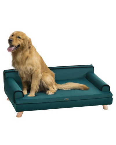 Large Dog Sofa with Cushioned Padding, Soft Washable Cover, Wooden Legs, Green