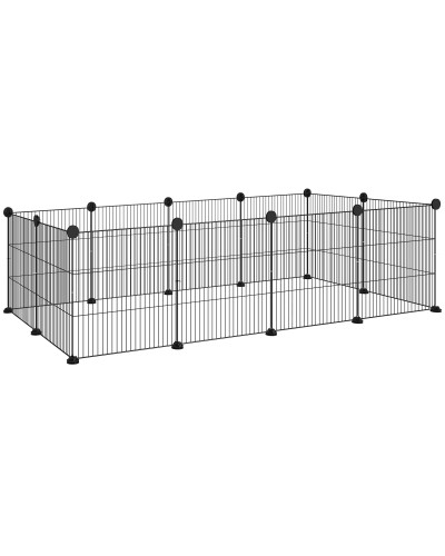  Recinto per Animali Modulabile con 12 Pannelli 35x35 cm e Bordi Arrotondati, in Metallo e ABS, 140x70x35 cm, Nero