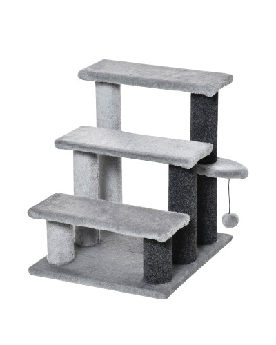  Scaletta per Gatti a 3 Gradini con Rivestimento in Flanella e Pallina, 45x40x48cm, Grigio
