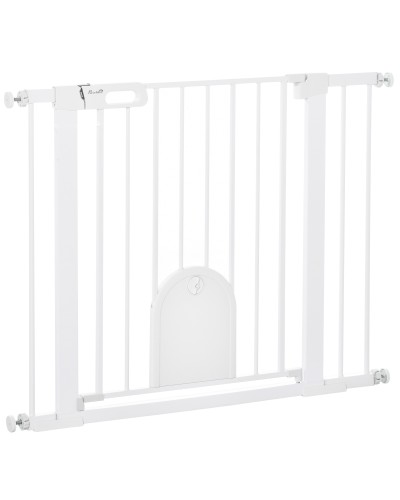  Cancellino per Cani Regolabile con Porta Piccola e Chiusura Automatica, 75-103x76cm, Bianco