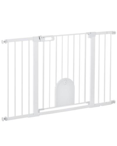  Cancelletto per Cani Estensibile con Porta a Chiusura Automatica, in Metallo e ABS, 75-131x76 cm, Bianco