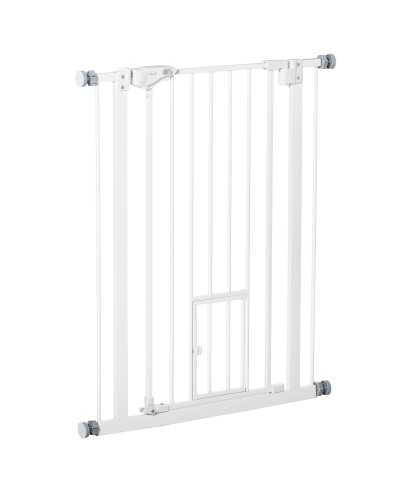  Cancelletto per Cani con Porta Piccola, Montaggio a Pressione e Chiusura Automatica, 74-80x91.4cm, Bianco