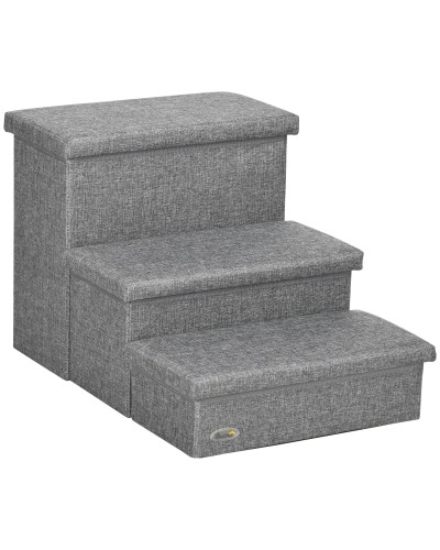  Scala per Cani e Gatti max 5kg a 3 Gradini, in Tessuto Effetto Lino e MDF, 63.5x42.5x40.5 cm, Grigio