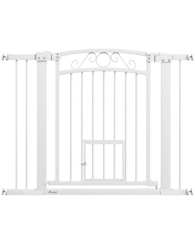  Cancellino per Cani Regolabile con Estensioni, Porta per Gatti e Apertura a Una Mano, 76-104x77cm, Bianco