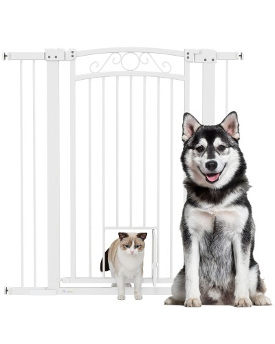 Adjustable Dog Gate with Extensions and Cat Flap, 76-104x106cm, White