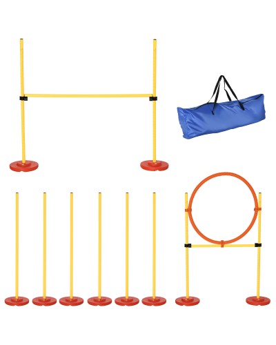 Dog Agility Set 3 Exercises: Slalom, Hurdles, Ring, for Dog Training, Portable, 2.5 kg, Yellow and Red