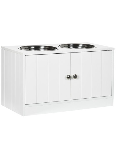  Ciotole per Cani Rialzate con Armadietto da 44L e 2 Ciotole in Acciaio, 60x30x35.5cm, Bianco