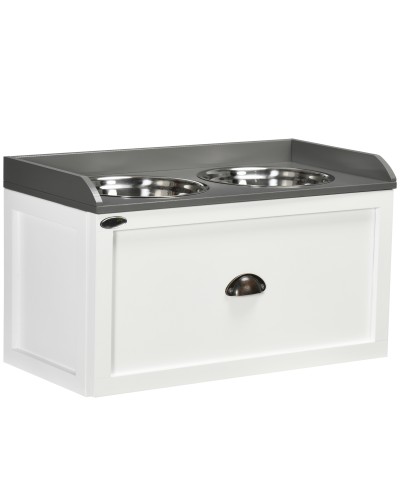  Ciotole per Cani Rialzate in Acciaio Inox e Legno con Cassetto, 60x30x36cm, Bianco e Grigio
