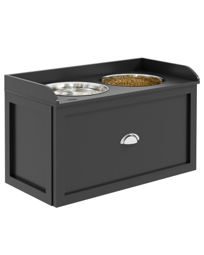 Elevated Stainless Steel and Wood Dog Bowls with Drawer, 60x30x36cm, Black