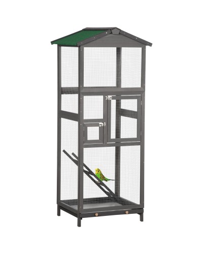  Gabbia per Uccelli Alta 165cm in Legno da Esterno con 2 Porte e Vassoio Estraibile, Grigio Chiaro