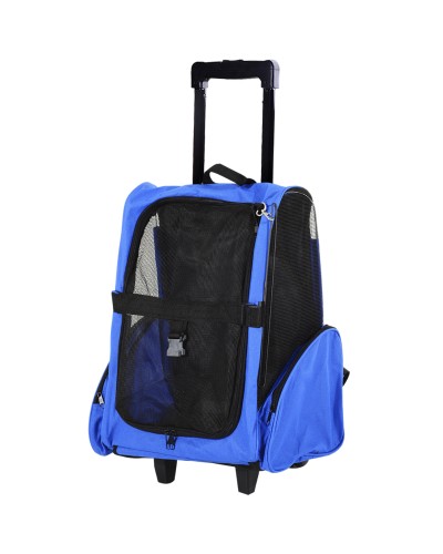  Trasportino Zaino 2 in 1 per Cani e Gatti con Tasche Laterali, Maniglia Telescopica e Ruote, 42x25x55cm, Blu