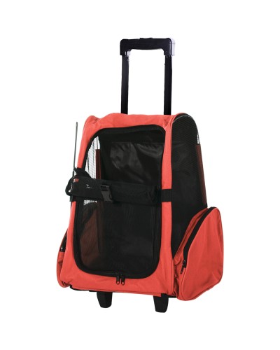  Trasportino Zaino 2 in 1 per Cani e Gatti con Tasche Laterali, Maniglia Telescopica e Ruote, 42x25x55cm, Rosso