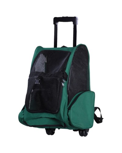  Trasportino Zaino 2 in 1 per Cani e Gatti con Tasche Laterali, Maniglia Telescopica e Ruote, 42x25x55cm, Verde