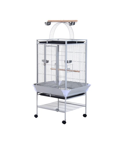 Bird Cage with Wheels 161.5cm Height, Stainless Steel Trays and Wooden Perches, Silver
