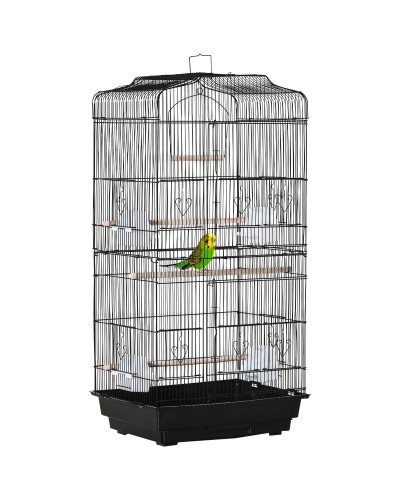  Gabbia per Uccelli in Metallo e Plastica con Trespoli, Altalena e Ciotole, 46.5x35.5x92 cm, Nero
