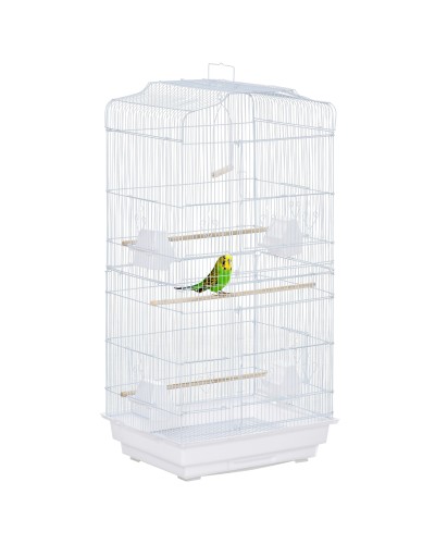  Gabbia per Uccelli con Trespoli, Altalena e Ciotole, Voliera in Metallo e Plastica, 46.5x35.5x92cm, Bianco
