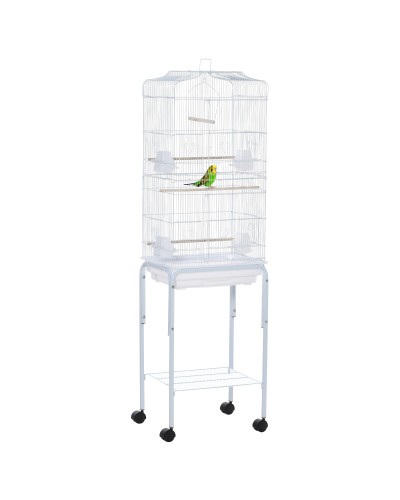  Gabbia per Uccelli, Voliera in Metallo e Acciaio con Ruote, Trespoli e Ciotole, 46.5x36x157cm, Bianco