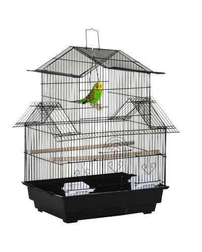  Gabbia per Uccelli con Maniglia di Trasporto e Vassoio Estraibile, in Metallo e Plastica, 50.5x41x63 cm, Nero