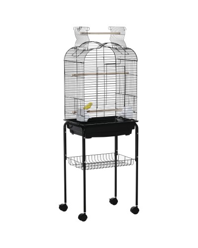  Gabbia per Uccelli con 3 Posatoi, 2 Ciotole e 2 Porte Laterali, in Acciaio, PP e Legno, 46x36x130 cm, Nera