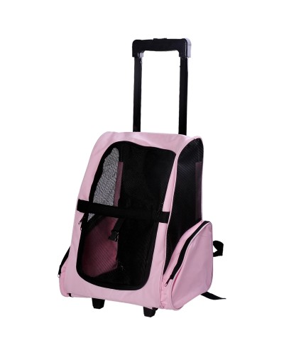  Trasportino Zaino 2 in 1 per Cani e Gatti con Tasche Laterali, Maniglia Telescopica e Ruote, 42x25x55cm, Rosa
