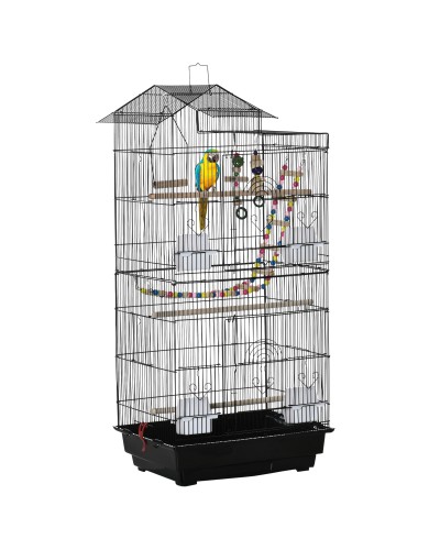 Bird Cage with Ladder, Swing, Bowls, and Toys, Steel, PP, and Wood, 46x36x100 cm, Black
